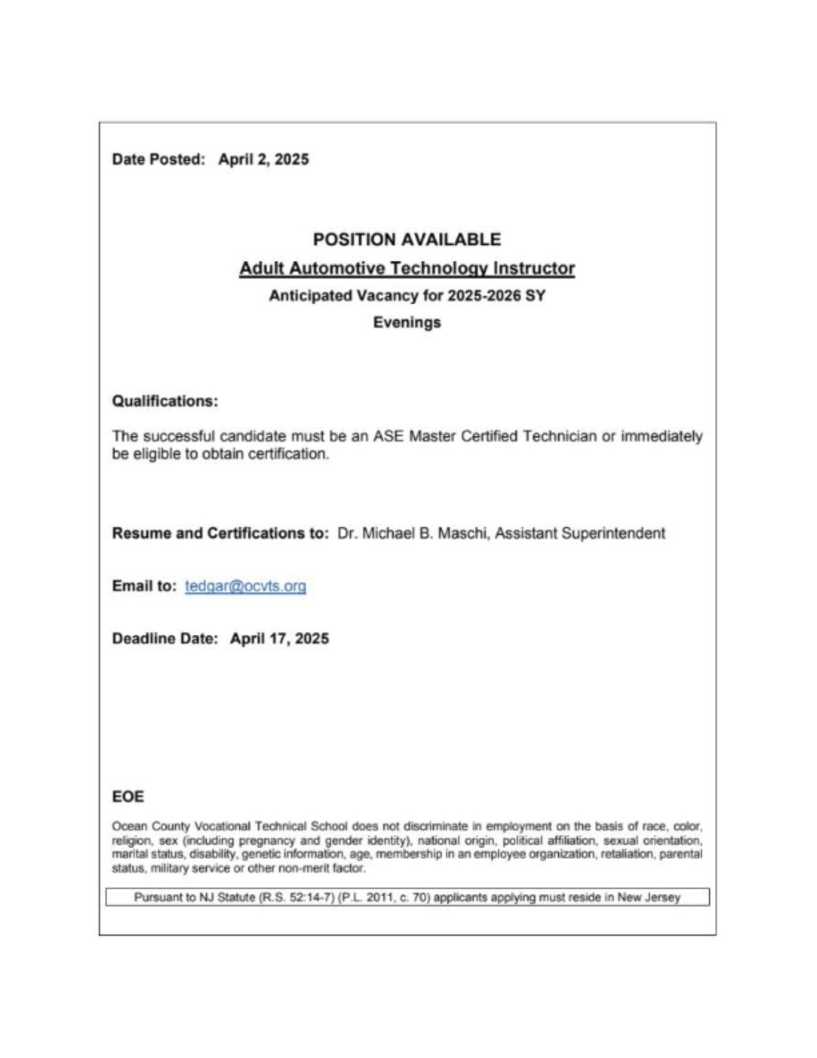 Ocvts Is Seeking An Adult Automotive Technology Instructor