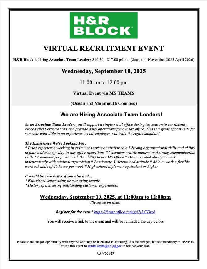 H&R Block is hosting a virtual recruitment event to hire Associate Team Leaders