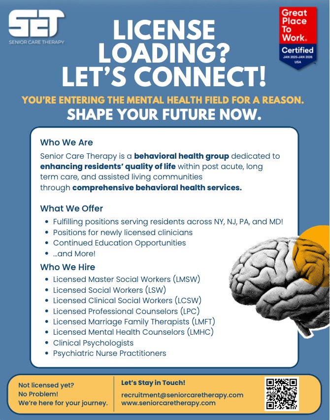 Promotional graphic for Senior Care Therapy with the headline “License Loading? Let’s Connect!” encouraging new mental health professionals to shape their future.