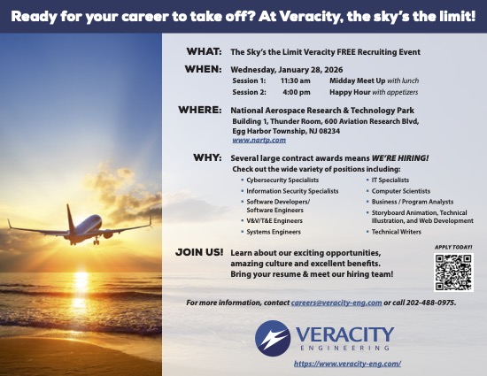 Promotional flyer for the Veracity Engineering “The Sky’s the Limit” free recruiting event, featuring an airplane flying at sunset with event details for January 28, 2026, at the National Aerospace Research and Technology Park in Egg Harbor Township, New Jersey, and a list of open technology and engineering positions.