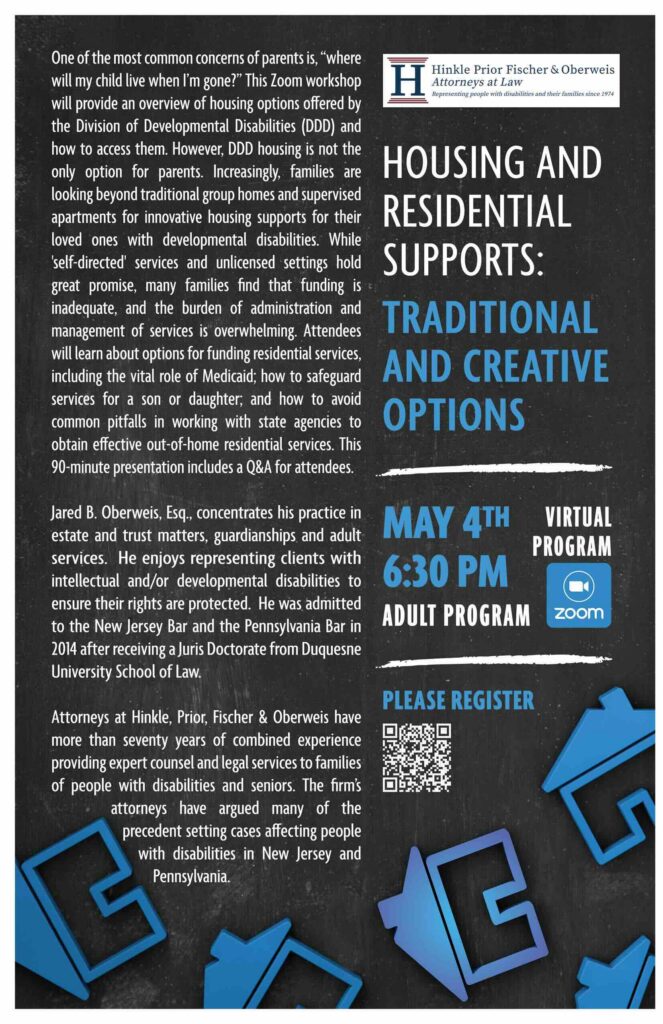 flyer for the Housing and Residential Supports Workshop for New Jersey Families on May 4