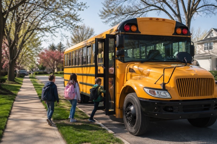 A yellow school bus is parked on a quiet suburban street on a clear spring morning, as three children with backpacks walk along the sidewalk and board the bus. Tree-lined lawns and modest homes frame the scene, with soft sunlight highlighting the clean, well-maintained bus and neighborhood.