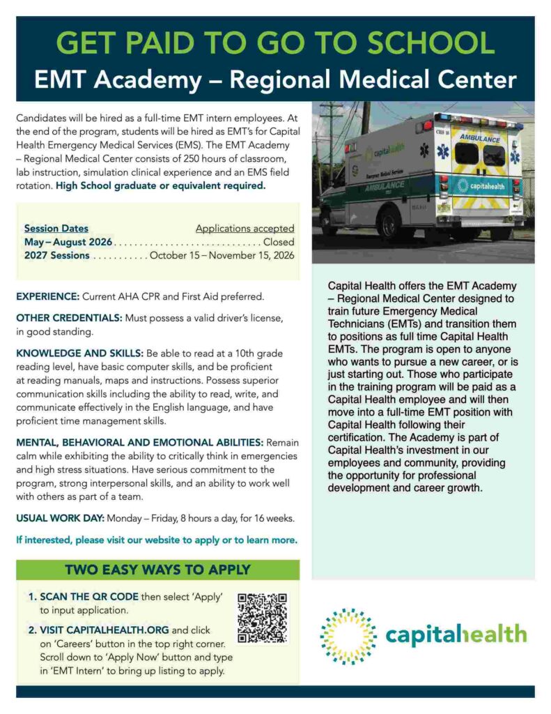Capital Health EMT Academy flyer
