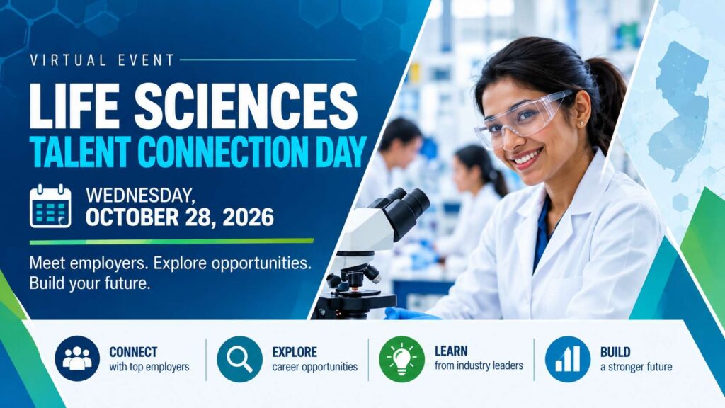 Life Sciences Talent Connection Day virtual event on October 28, 2026, featuring a scientist in a laboratory.
