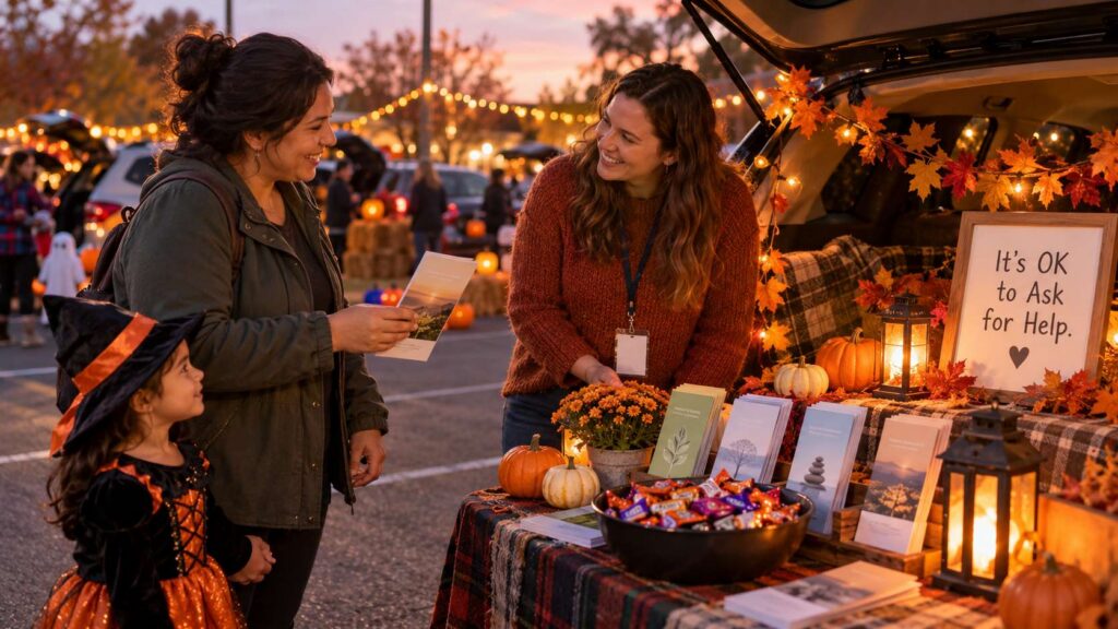 Volunteer shares mental health resources with a parent at a stigma-free community event in Ocean County, NJ
